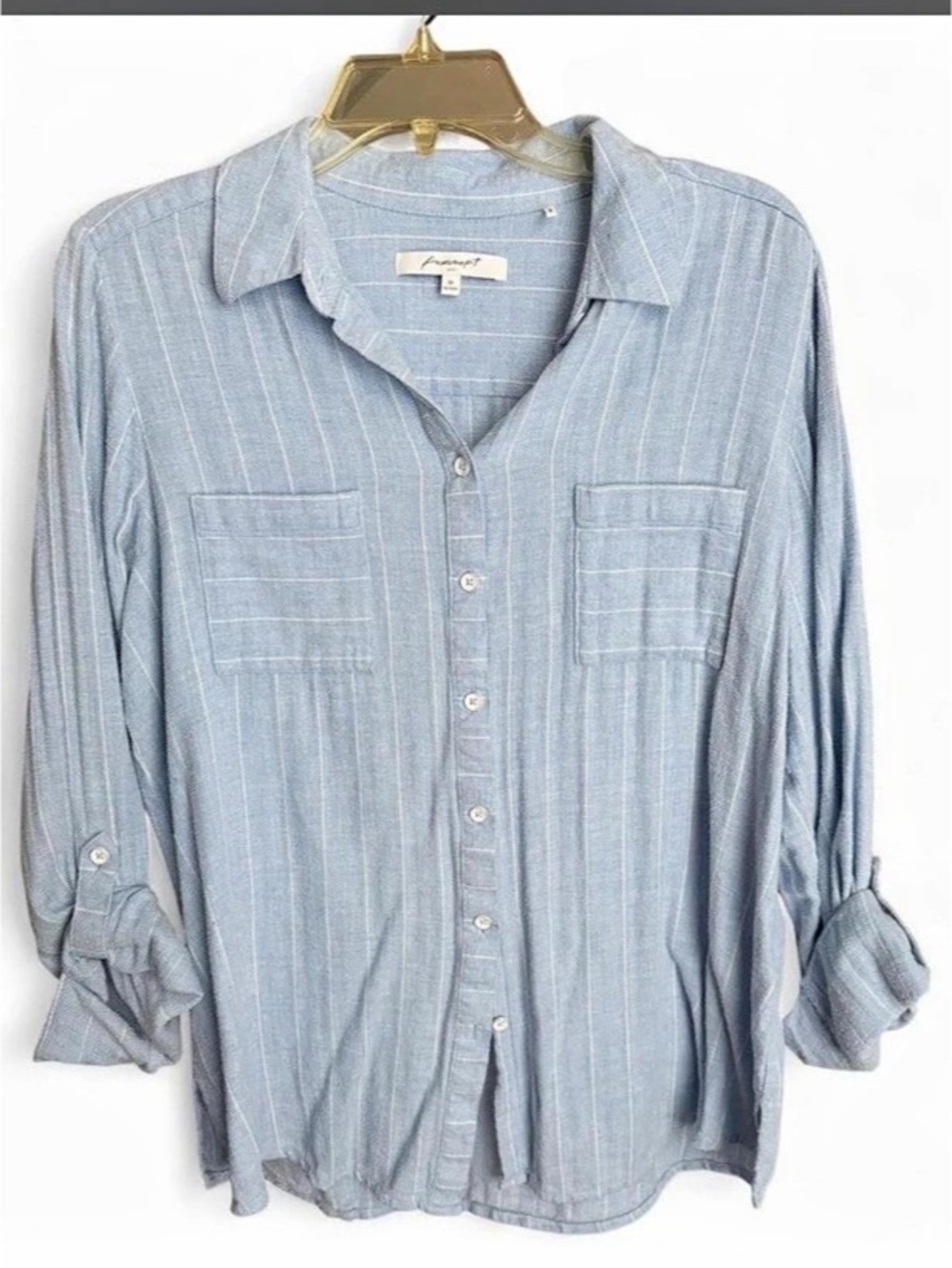 Foxcroft NYC Striped Button Down in Blue & White Size Medium- Cotton and Rayon B
